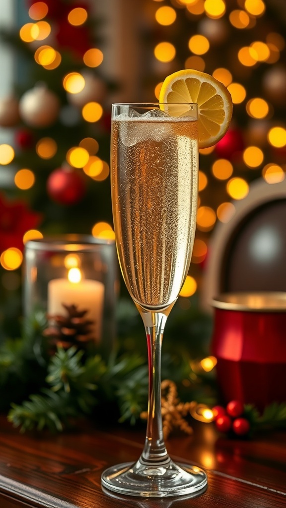 A sparkling French 75 cocktail in a flute with a lemon twist, set against a festive holiday backdrop.